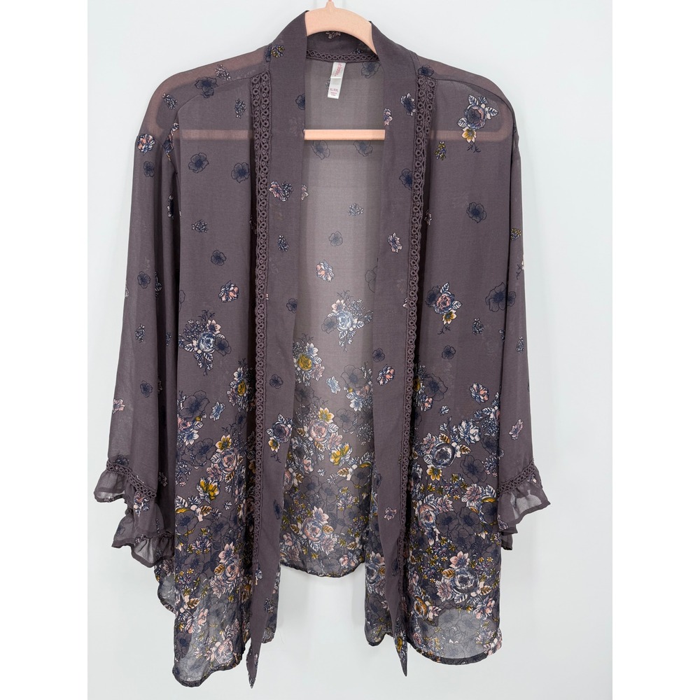 Kimono Wrap Womens XL/XXL Purple Floral Lace Trim Ruffle Boho Chiffon Festival